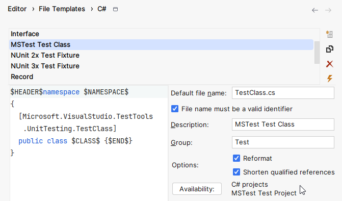 JetBrains Rider: File template for test classes
