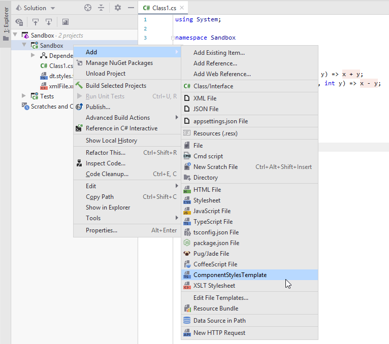 JetBrains Rider: Creating a file from template