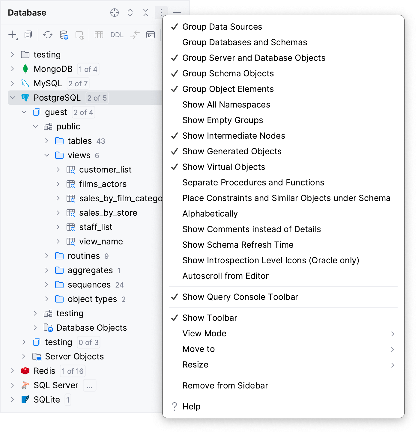 Database tool window Options menu items