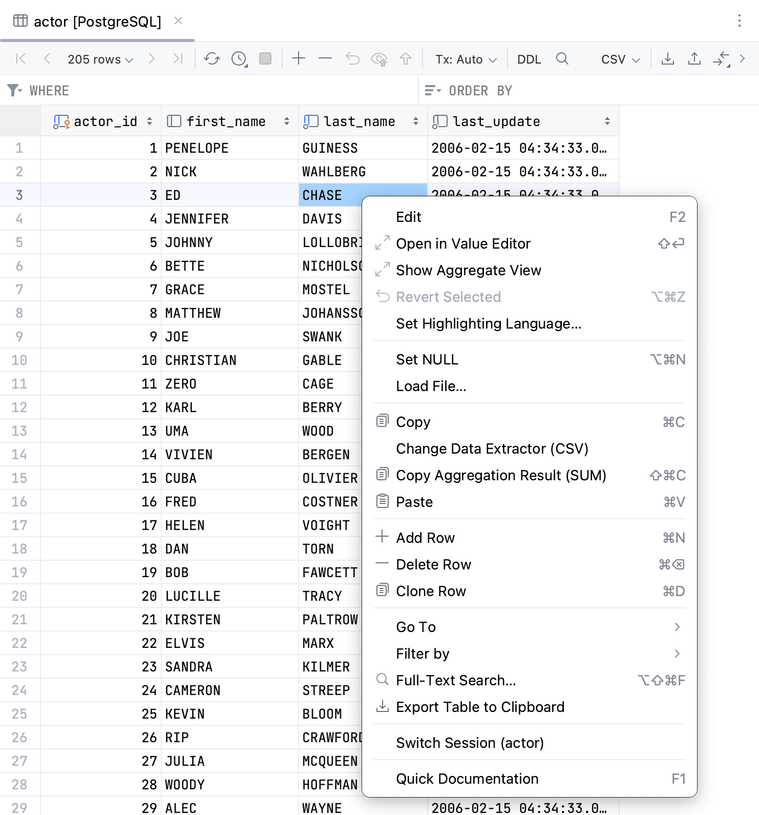 Context menu of a cell in data editor