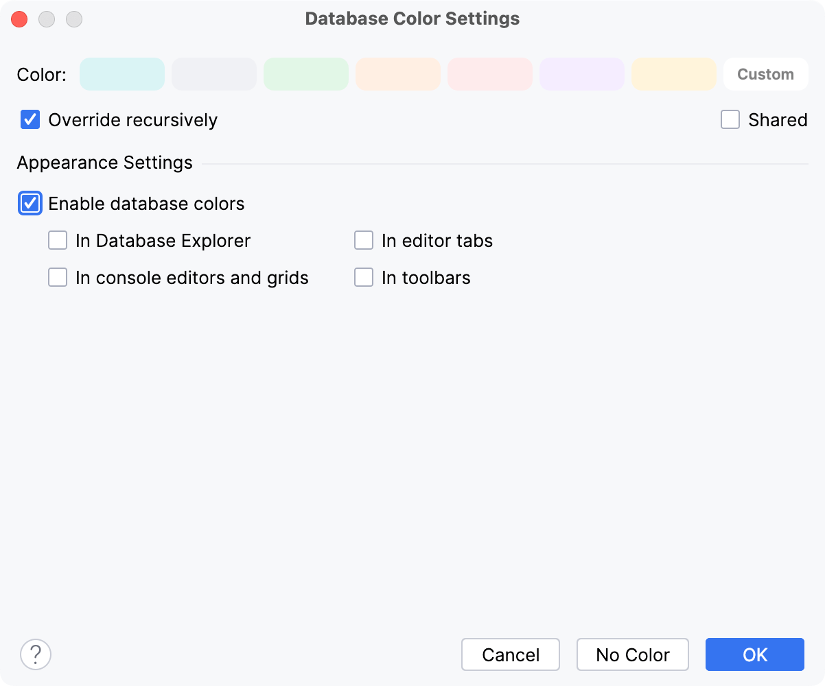 Database Color Settings dialog