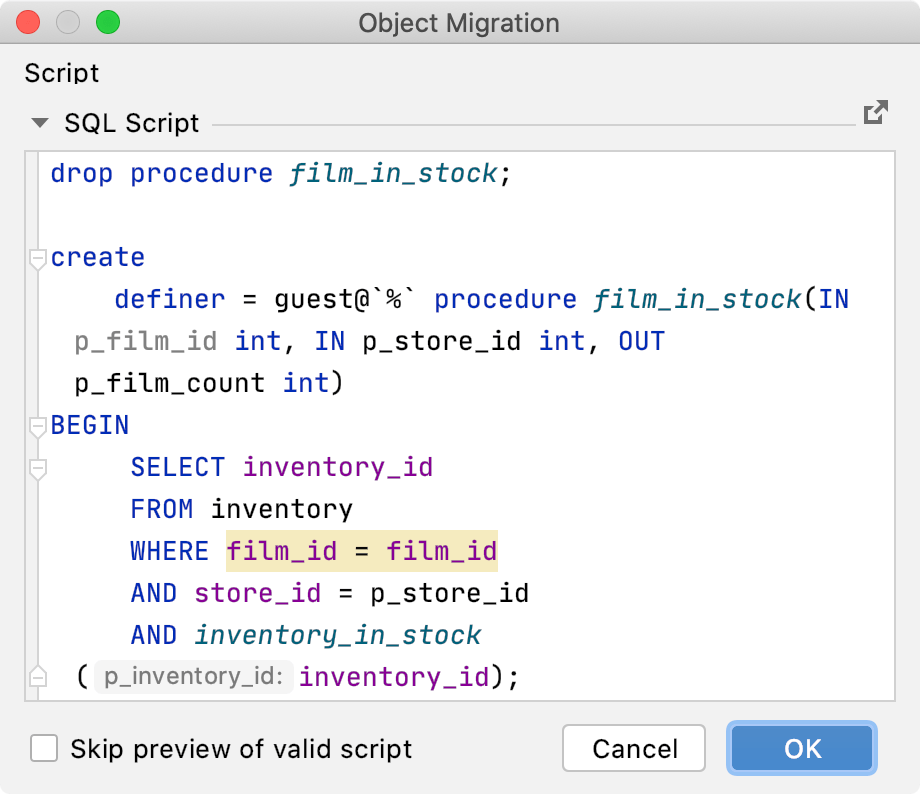 Skip database refactoring preview