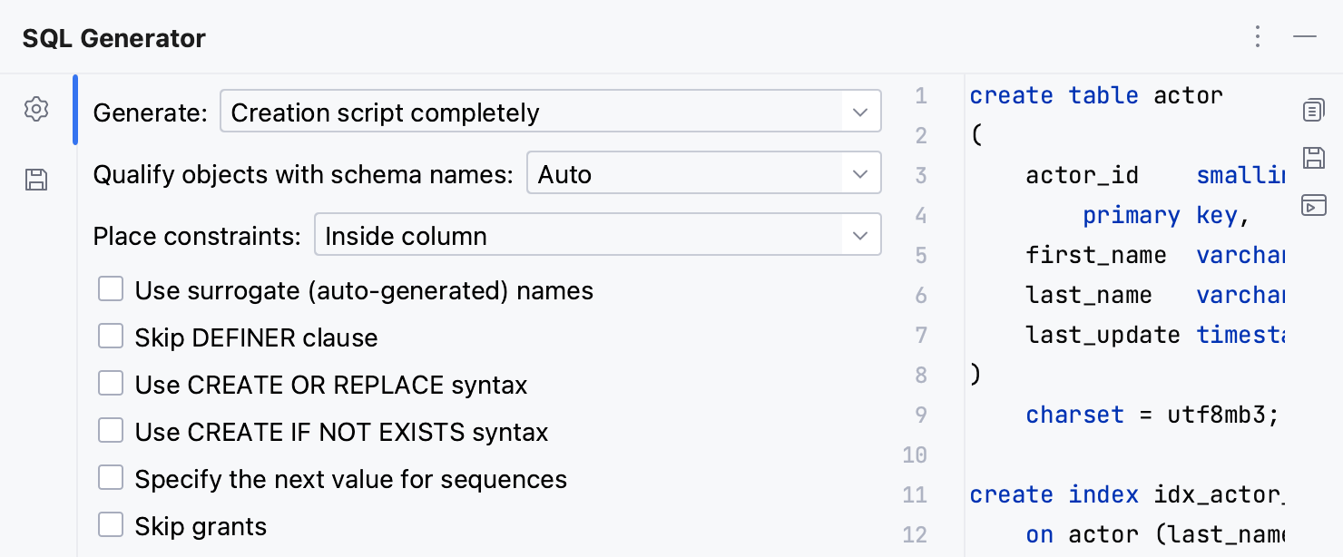 Generate DDL definitions for database objects