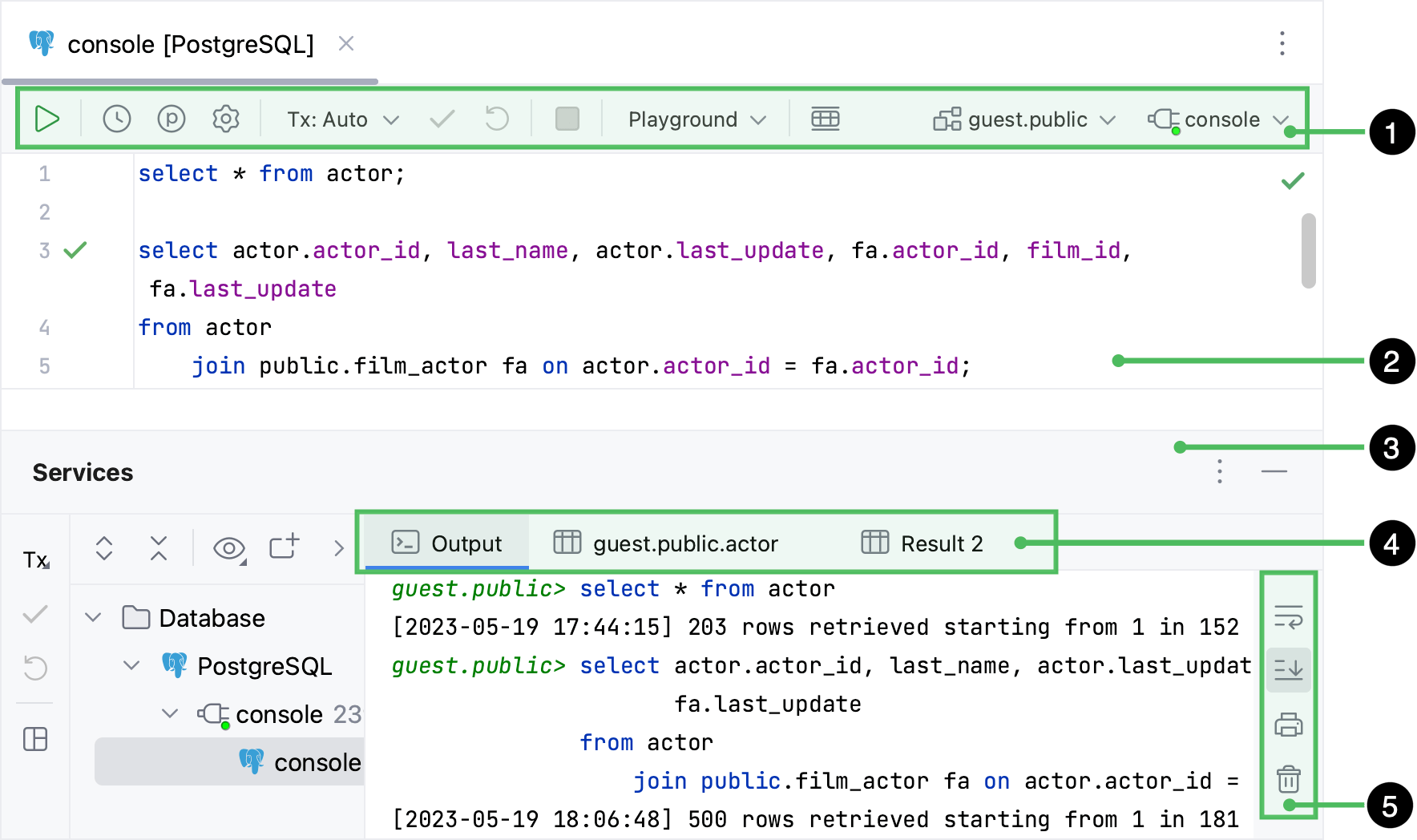 Query console with an active Output tab of Services tool window