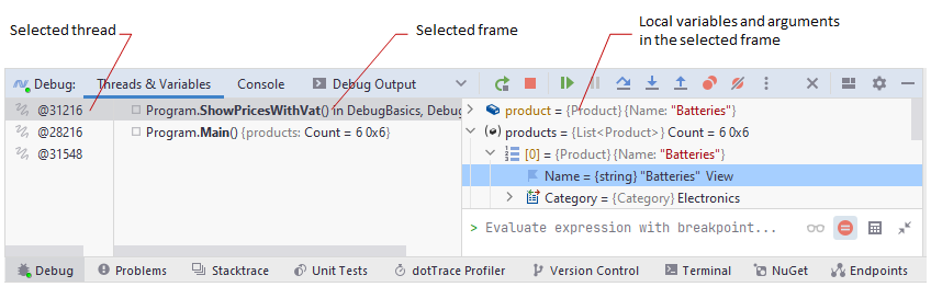 JetBrains Rider: Debug frames pane