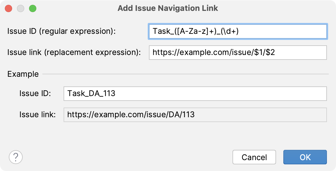 Add Issue Navigation Link dialog