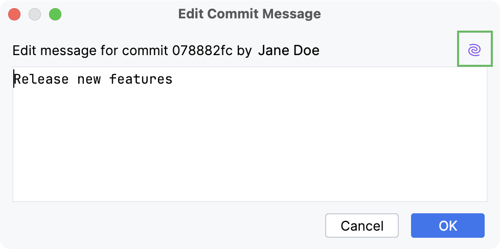 Dialog with an old commit message and the AI Assistant icon