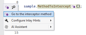 JetBrains Rider: Inlay hint and navigation action for an intercepted method