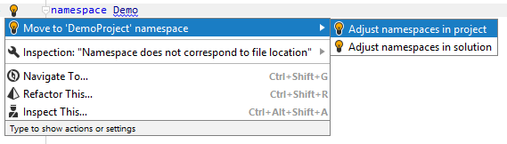 JetBrains Rider quick-fix to synchronize namespace to the file location