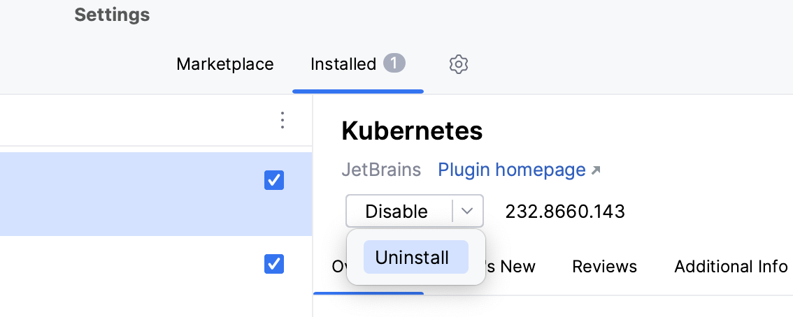 The Uninstall item for plugins