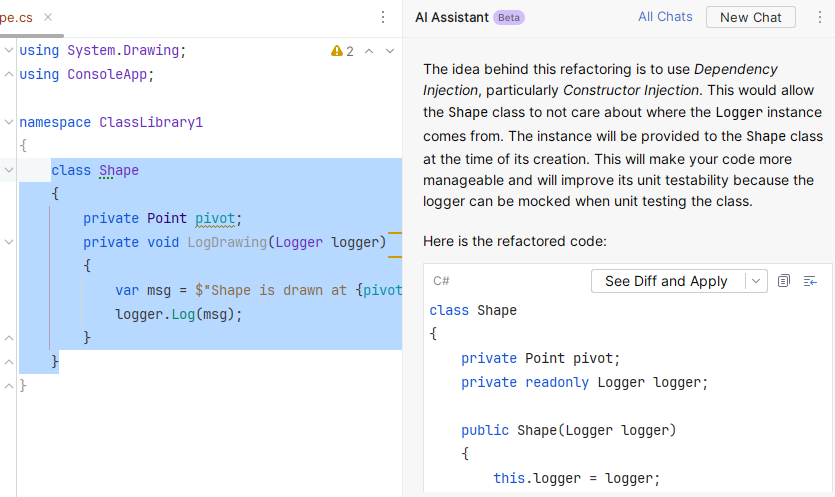 JetBrains Rider: AI Assistant suggests refactoring