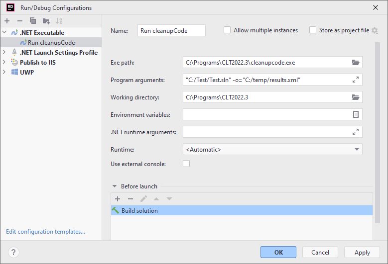 JetBrains Rider run configuration: .NET Executable