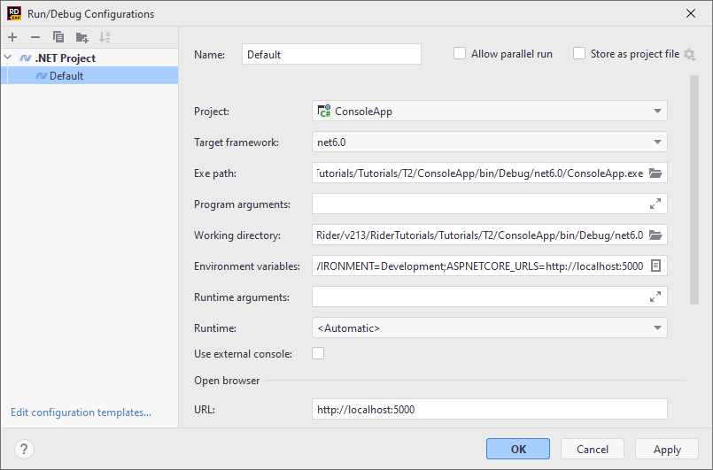 JetBrains Rider: Run/debug configurations: .NET Project