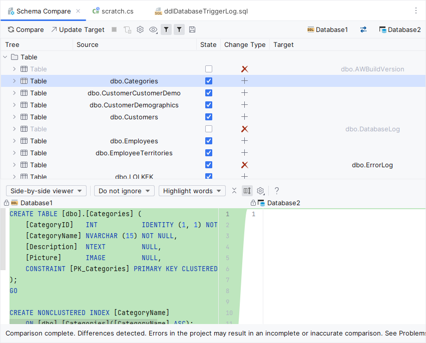 JetBrains Rider: Compare and update database schemas