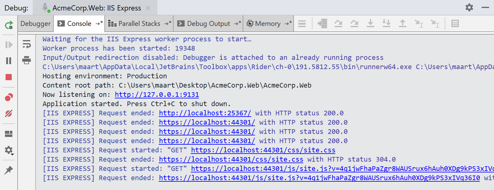 JetBrains Rider: IIS Express output