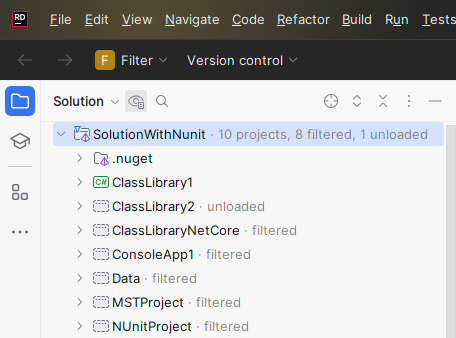 JetBrains Rider: Adding projects to solution filter
