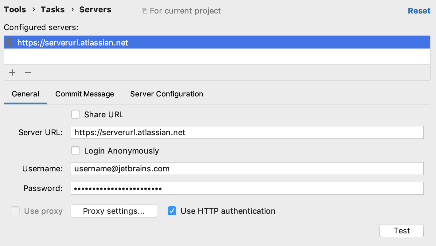 Specifying server URL and credentials