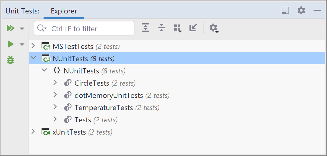 JetBrains Rider: Unit test explorer