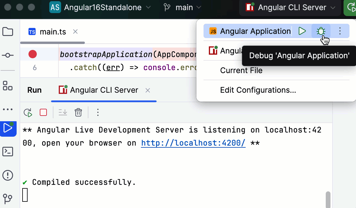 Start a debugging session via a run configuration