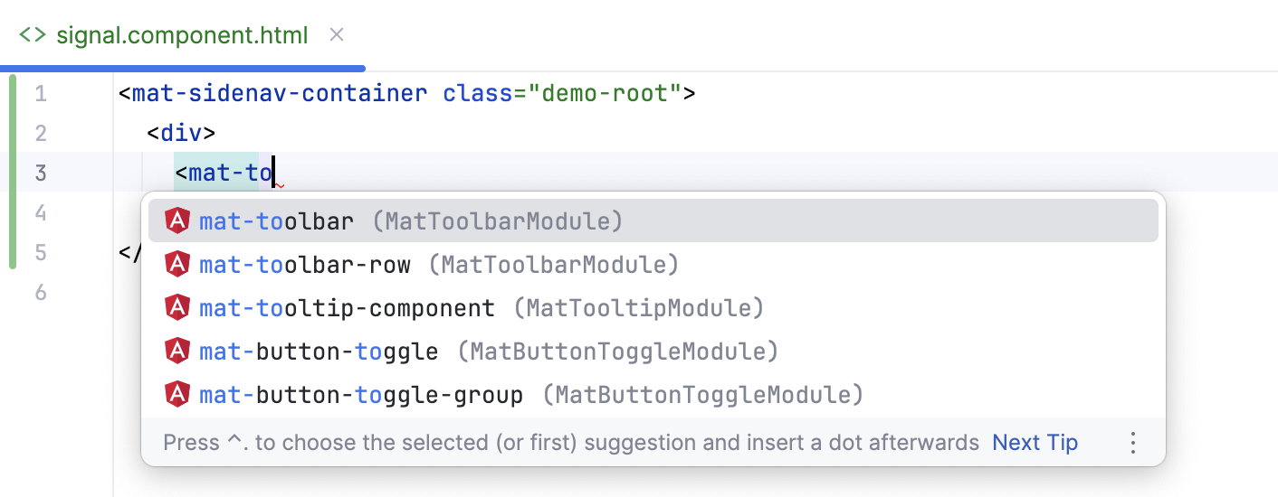 A list of suggested completion variants for an Angular component