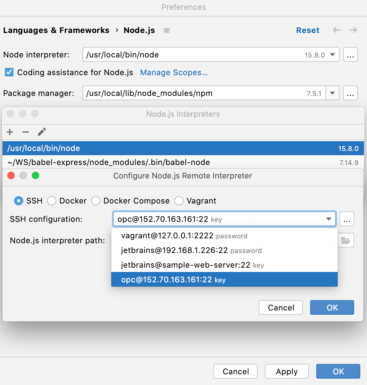 Configure remote Node.js interpreter via SSH: select SSH configuration