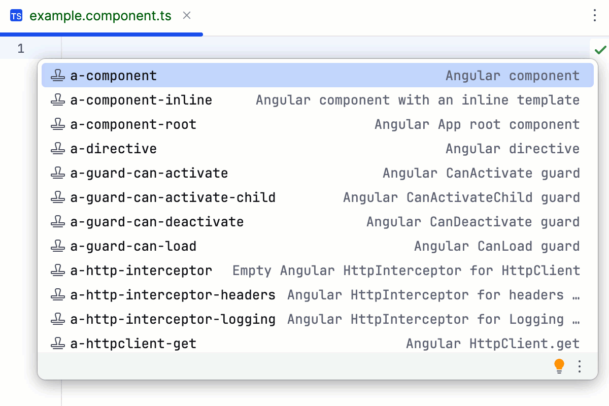 Create an Angular component using a predefined code snippet