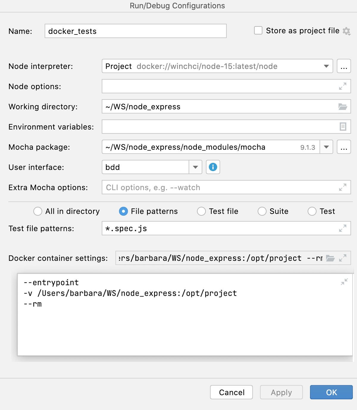 Node.js with Docker: run/debug configuration, Docker container settings