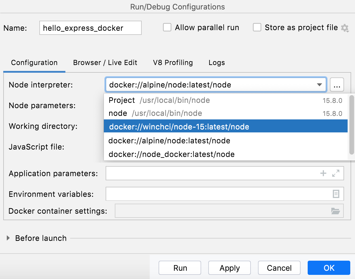 Node.js with Docker: run/debug configuration, select interpreter