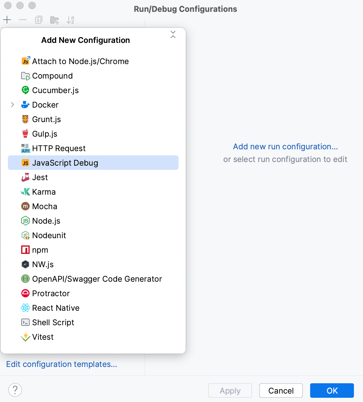 Create JavaScript Debug configuration