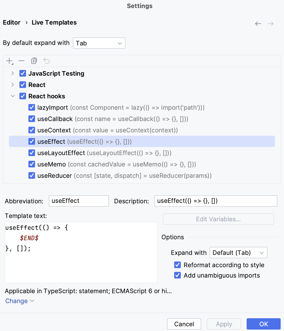 Live templates: React and React hooks