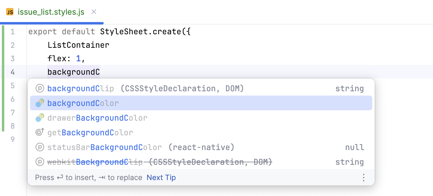 Completion for React Native StyleSheet properties