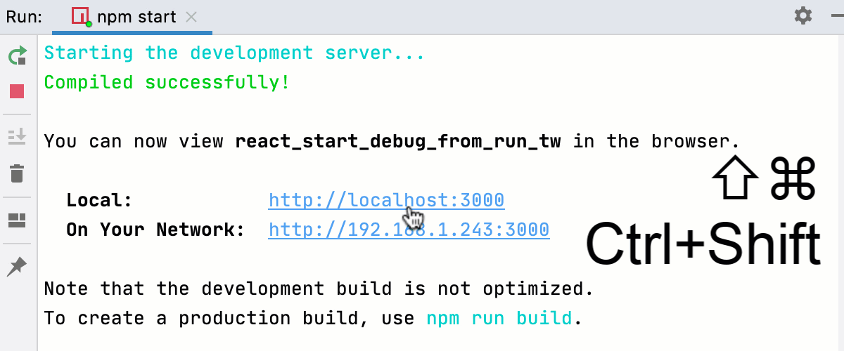 Start debugging a React app from the Run tool window
