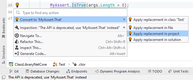 JetBrains Rider: Using [CodeTemplate] attribute to suggest migration fixes for deprecated APIs