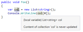 JetBrains Rider warns you that a collection is read before ever being filled or modified.