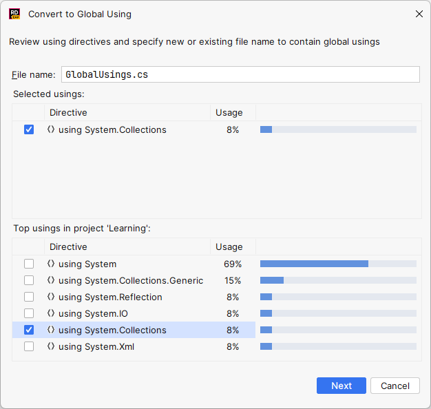 JetBrains Rider: 'Convert to Global Using' refactoring