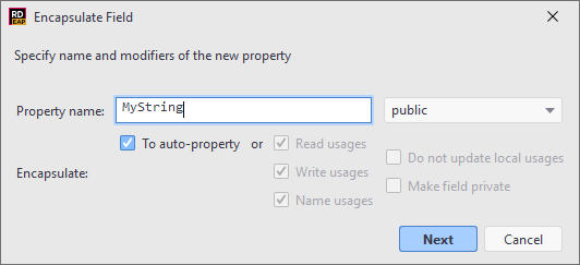 JetBrains Rider. Encapsulate Field refactoring