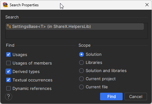 JetBrains Rider. 'Search Properties' dialog