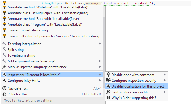 JetBrains Rider: Disabling localization inspection for project