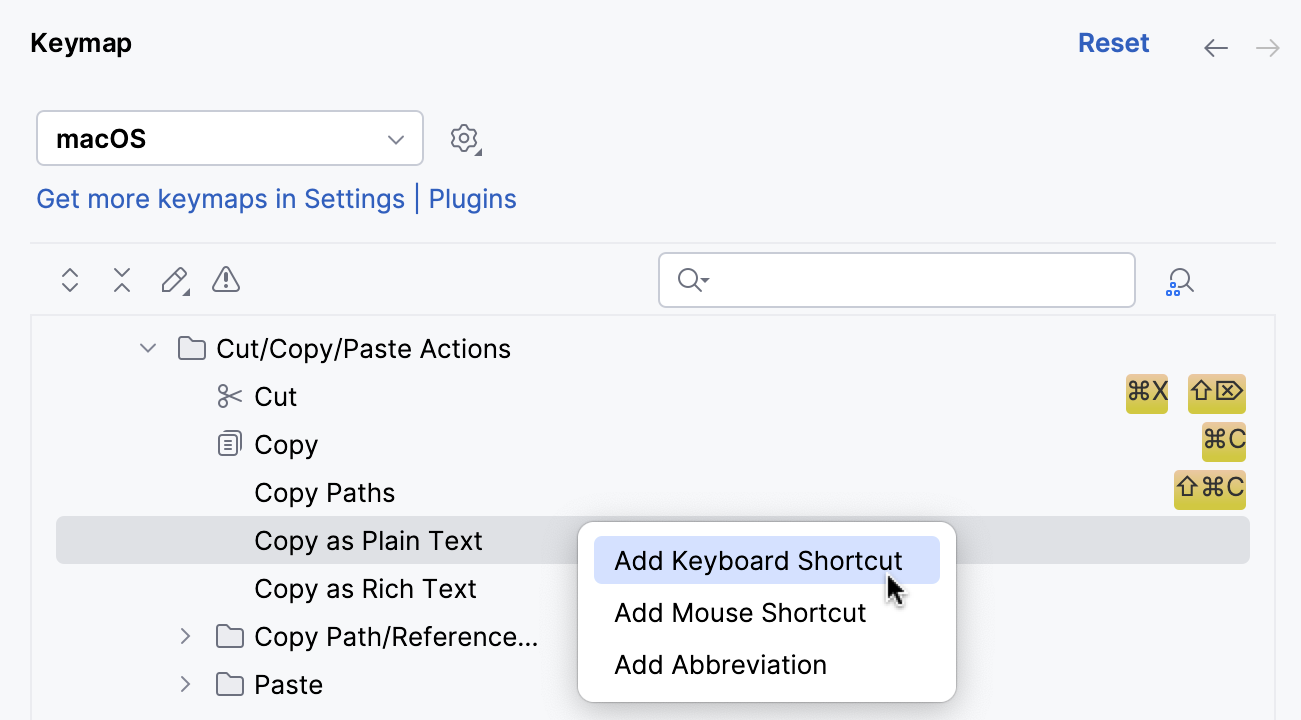 Adding a keybord shortcut for an action