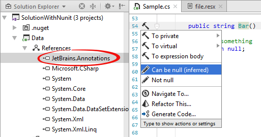 JetBrains Rider: 'Can be null' context action