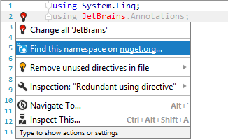 Finding NuGet package by namespace with JetBrains Rider