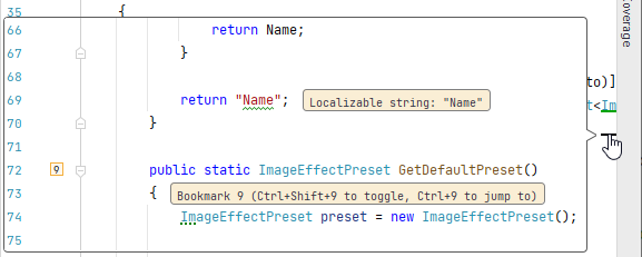 JetBrains Rider: Bookmark on the error stripe