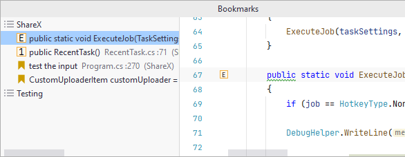 JetBrains Rider: Line bookmarks in the Bookmarks popup