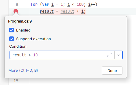 JetBrains Rider: conditional breakpoints