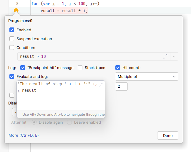 JetBrains Rider: evaluating expressions on tracepoint