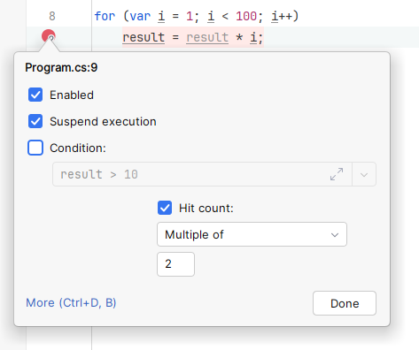 JetBrains Rider: breakpoints. hit count