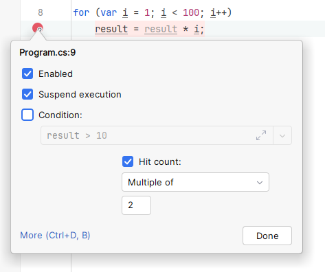 JetBrains Rider: breakpoints. hit count