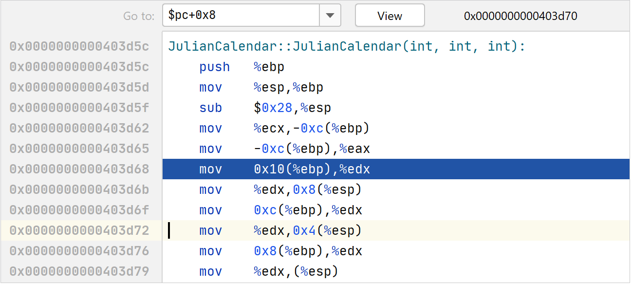 Refferring to a register in the Go to field of the disassembly view