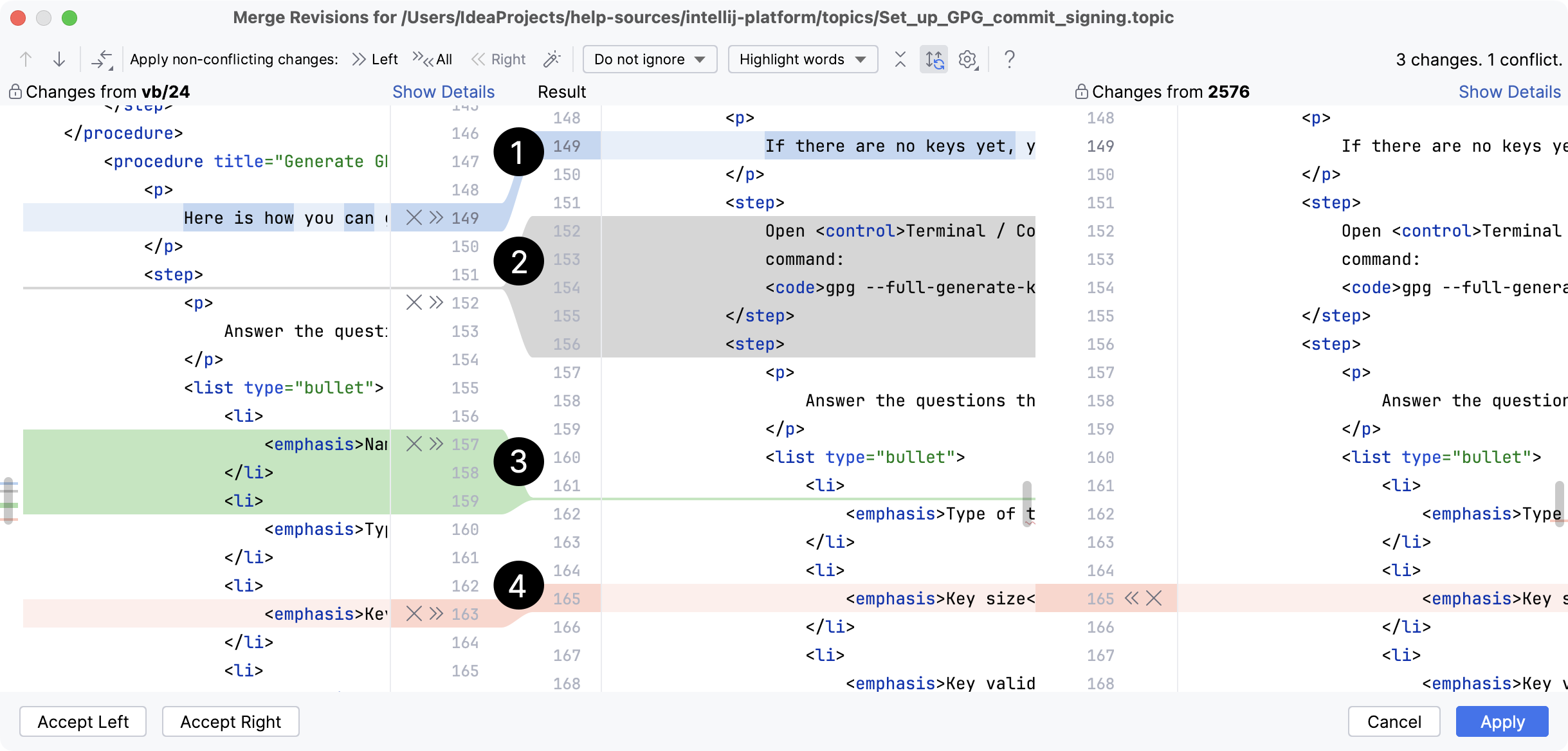 color coding in the conflict resolution tool