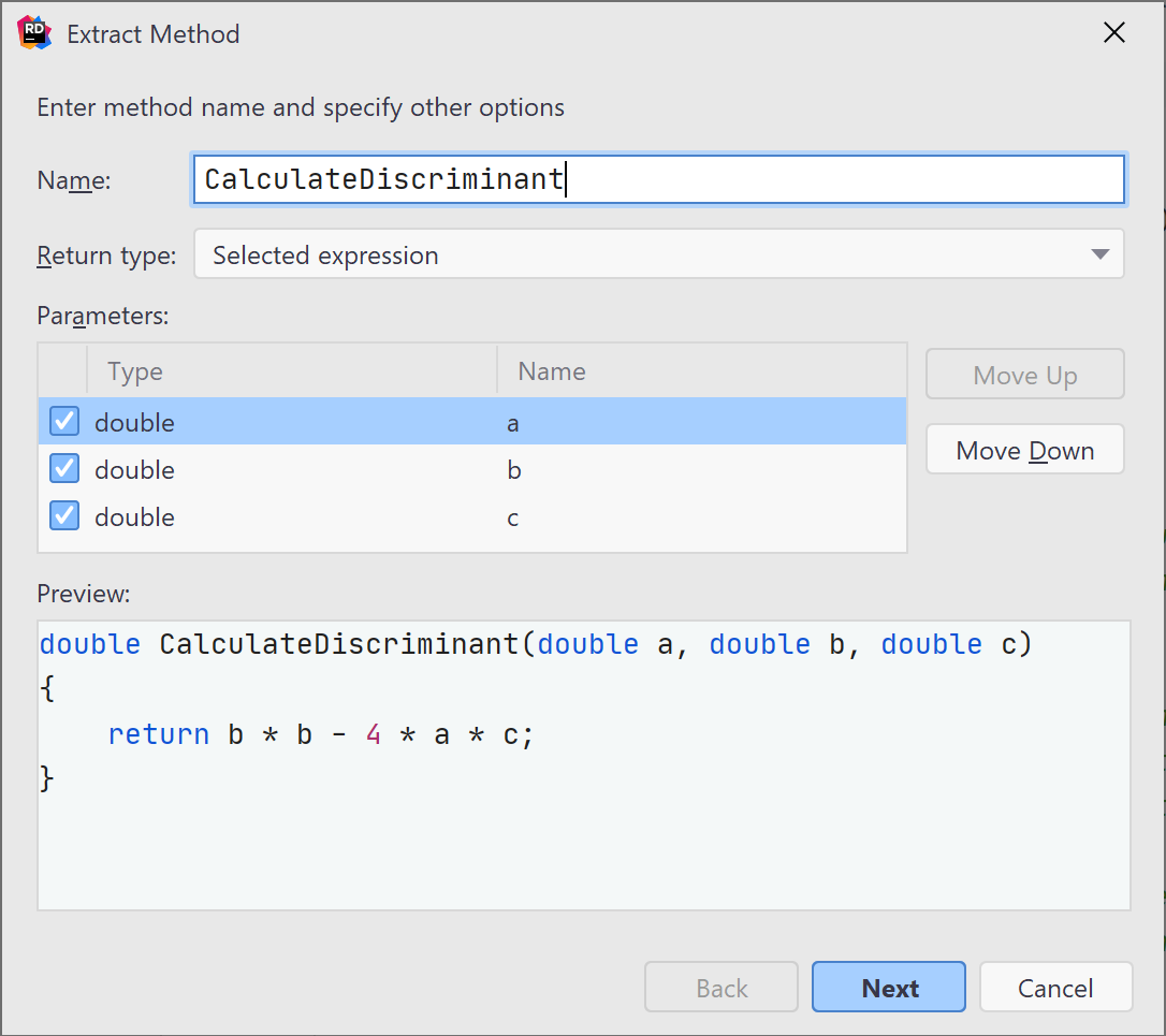 Extract method in C++: Specifying method details